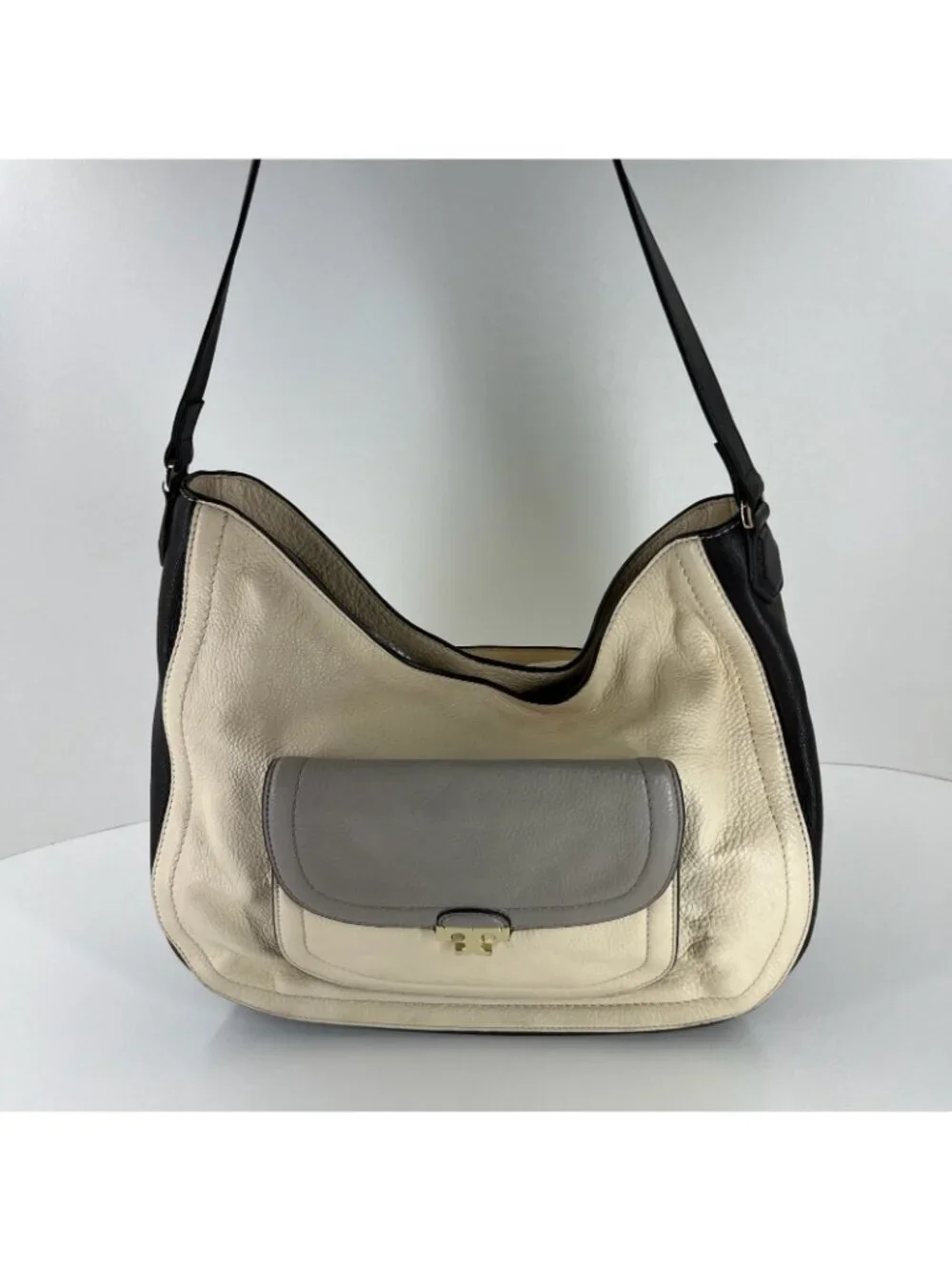 Tory Burch Sammy Hobo Shoulder Bag Womens Pebbled Leather Cream Black Colorblock